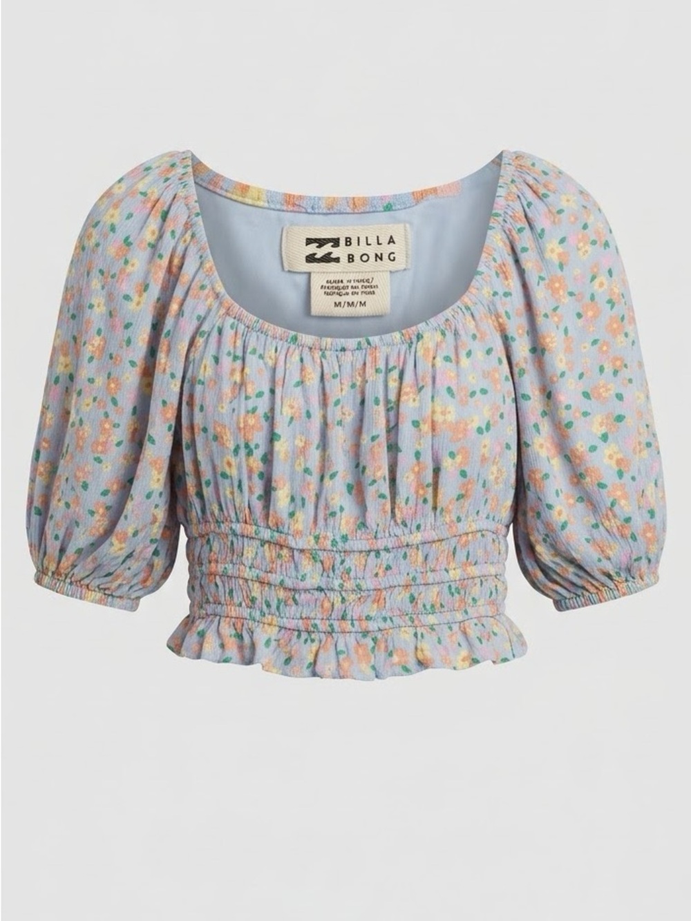 Billabong Floral Smocked Crop Top Puff Sleeve Blue Size M